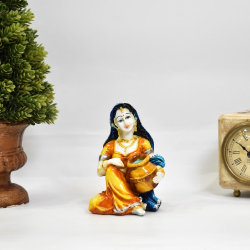 Yellow Rajasthani Lady With Matka Showpiece For Home Decor