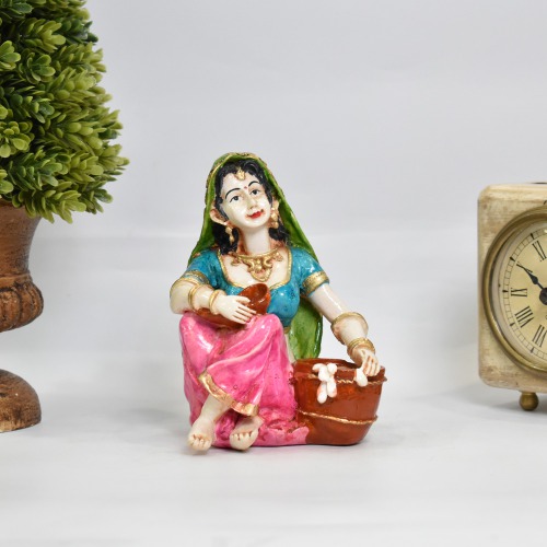 Rajasthani Lady Sitting Rajasthani Style With Makhana Polyresin Statue | Rajasthani Traditional Style Doll Statue