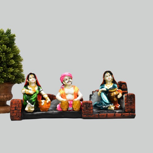 Polyresine Set of 3 Rajasthani Men With Table And Women With Makta Statue | Showpiece For Home Decor