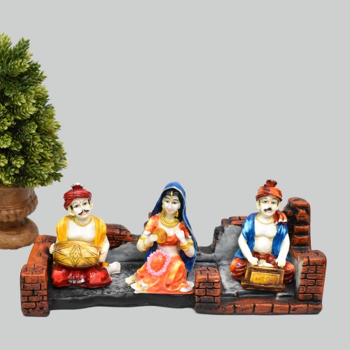 Set of 3 Rajasthani Men With Musical Instrument And Women With Flower Statue | Showpiece For Home Decor