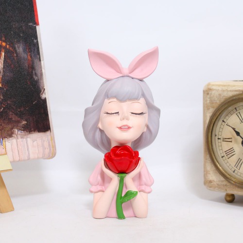 Pink Little Girl With Red Rose Showpiece | Statue Figurines for Home Decor Outdoor Entrance Living Room Decoration