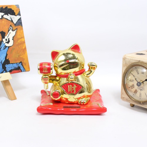 Solar Lucky Cat Waving Hand with Golden Ingot for Health | Wealth | Prosperity | showpiece for Business | Office | Home