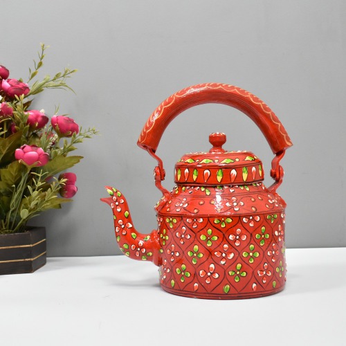 Traditional Hand-Painted Design Red Flower Colourful Decorative Tea Kettle Pot Showpiece For Home Decoration