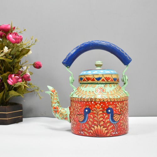 Traditional Hand-Painted Design Red And Green Colourful Decorative Tea Kettle Pot Showpiece For Home Decoration