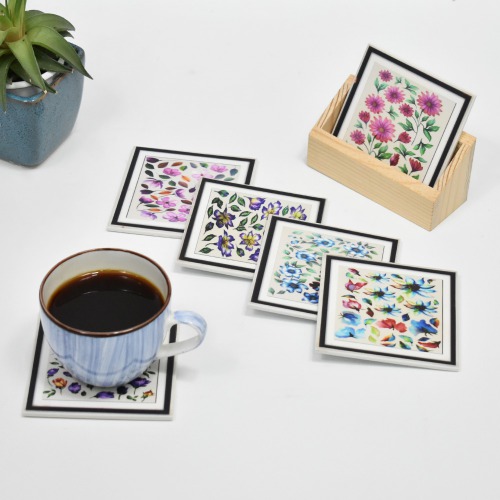 Ethnic Square Tea Coffee Coaster Set of 6 Flower Design Gift Item Home Table Decor Showpiece