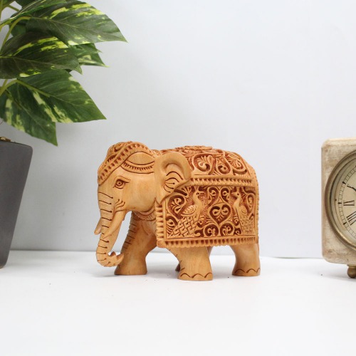 Wood Elephant Down Trunk Statue Peacock Design Carving Figurine Showpiece Gifts For Home Decor | Decor | Office Decor