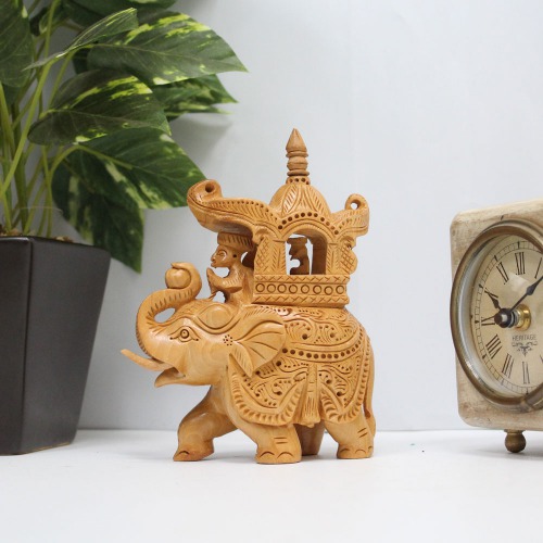 Decorative Elephant Statue Ambari Elephant for Home Decor | Designer Wooden Showpiece Elephants (Brown)