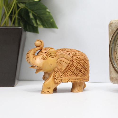 Handicraft Elephant Carved in Wood Up Trunk(soond) And Zalar Carving In 3 inch Size For Decoration and Gift.