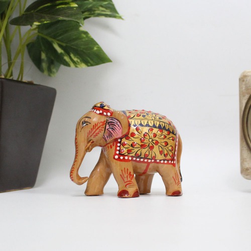 Handicraft Wooden Handmade 3 Inches Elephant Showpiece for Home Decor I Brown Color Down Trunk