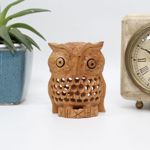 Handicraft Wooden Netted Owl showpiece for Home and Office Decoration Items I Owl Showpiece for Desk Organiser