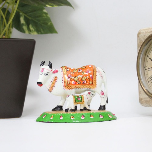 Metal Meenakari Cow with Calf Statue Home Decorative Showpiece with Vastu Positivity Energy and Productivity