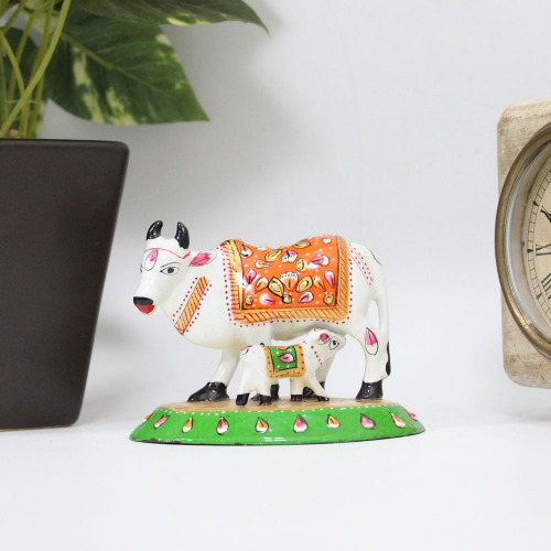 Metal Meenakari Cow with Calf Statue Home Decorative Showpiece with Vastu Positivity Energy and Productivity