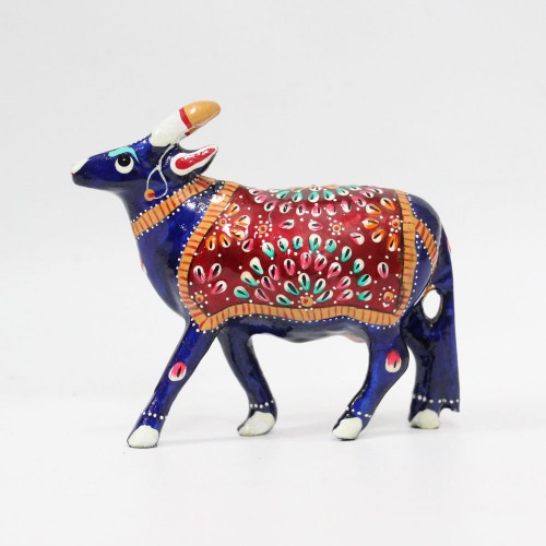 Meenakari Hand Enamelled Kamdhenu Krishna Cow Religious Blue Showpiece Figurine Idol Home Office Decor