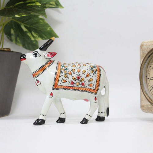 Meenakari Hand Enamelled Kamdhenu Krishna Cow Religious Showpiece Figurine Idol Home Temple Office Decor