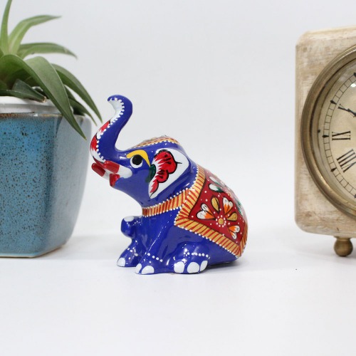 Sitting Elephant Statue Handpainted Animal Figurine Metal Trunk Up Elephant Handmade Decorative Showpiece