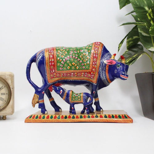 Metal Beautiful Kamdhenu Cow and Calf Idol Showpiece with Meenakari Work