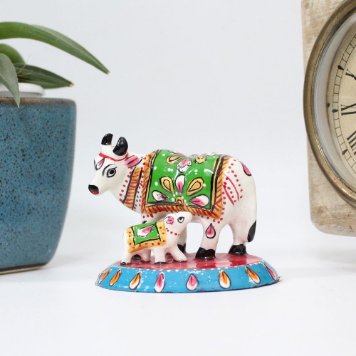 Small Size Metal Meenakari Cow with Calf Statue Home Decorative Showpiece with Vastu Positivity Energy