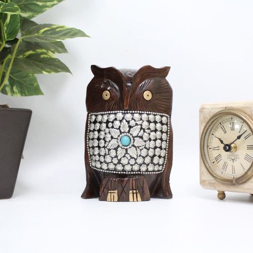 Attractive Handcrafted Wooden Owl With Silver Design Showpiece | Figurine for Home & Office Decor and Gift