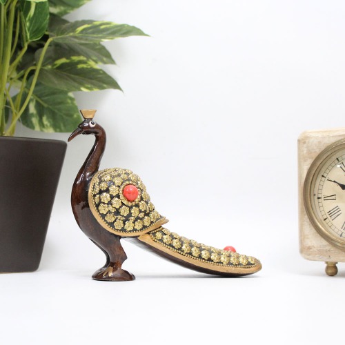 Attractive Handcrafted Wooden Peacock With Golden Design Showpiece | Figurine for Home & Office Decor