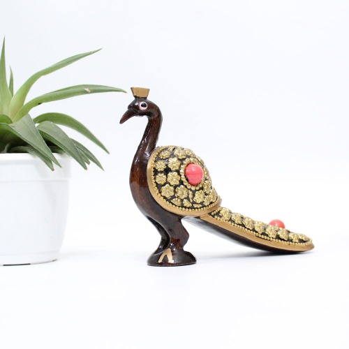 Handcrafted Wooden Peacock With Golden Design Showpiece | Figurine for Home & Office Decor and Gift