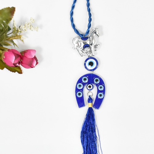 Blue Evil Eye Vastu Nazar Suraksha Evil Eye Horseshoe Ghode Ki Naal Thread Wall Hanging Good Luck and Prosperity