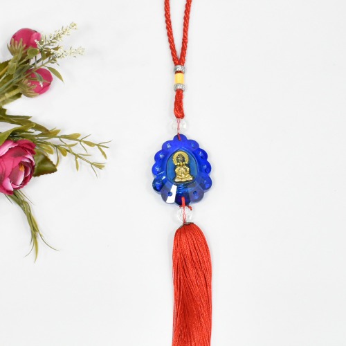 Gautam Buddha Red And Blue Tibetan Wind Chime Resham Thread Car Rear View Mirror Decor Ornament