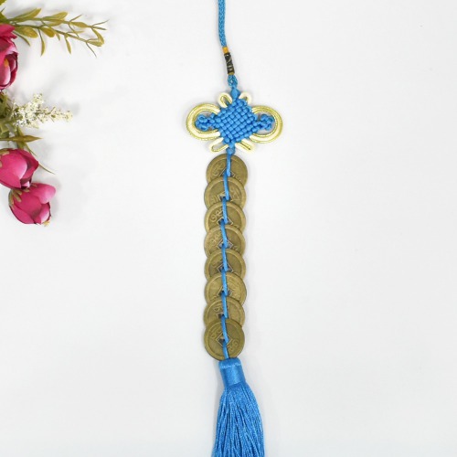 Feng Shui Hanging Coins Bell with Blue Strings For Good Fortune | Traditional Coins with String for Wealth and Success