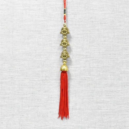 Three Layer Laughing Buddha Murti Yellow Thread Car Rear View Mirror Decor Ornament | Talisman | Amulet
