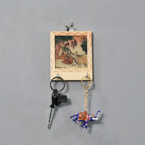 Rajasthani Lady Sitting Under Tree With Deer Theam Gemstone Painting Key Holder | Key Holder | Decor