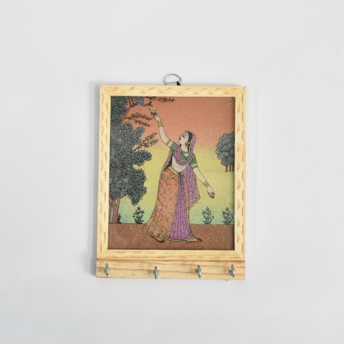 Rajasthani Lady Standing Under Tree Theam Gemstone Painting Key Holder | Key Holder | Decor | Wall Hanging