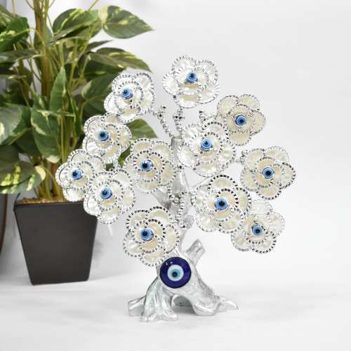 Blue Evil Eye Silver Coated Flower Fortune Tree For Decor