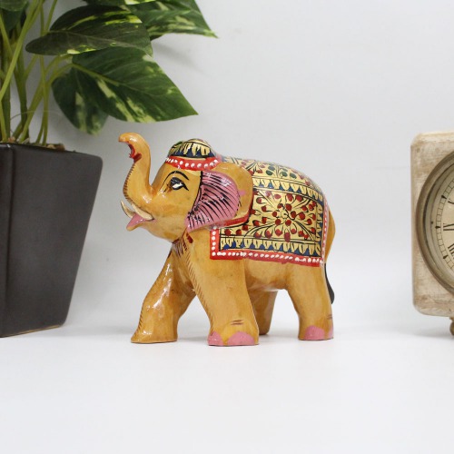 Wooden Handmade 4 Inches Elephant Showpiece for Home Decor I Brown Color Down Trunk Good Luck Statue