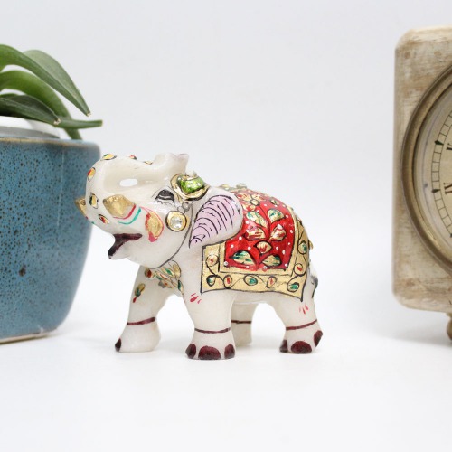 Marble Hand Painted Emboss Meenakari Work Elephant Feng Shui Lucky for Home Office Showpiece