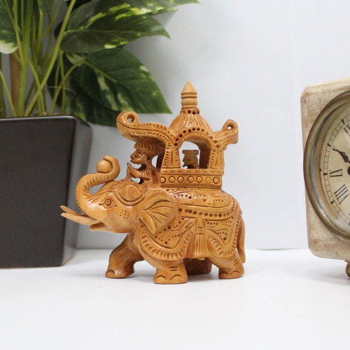 Handicrafts Wooden Carving Ambari Elephant Figurine | Wooden Handmade Elephant Statue for Home Decor