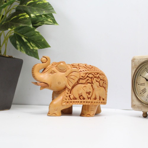 Decorative Elephant Statue Elephant Design Carving For Home Decor | Designer Wooden Showpiece Elephants (Brown)