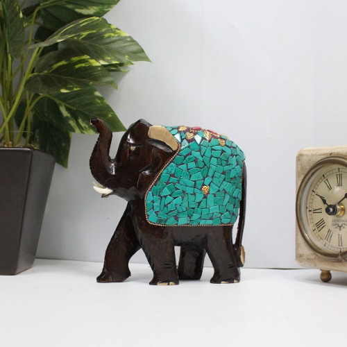 Green Stone Work Wood Elephant Up Trunk Statue Design Carving Figurine Showpiece Gifts For Home Decor | Decor