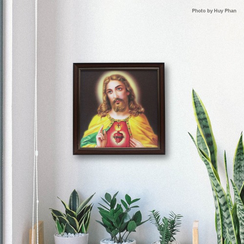 Brown Border With Jesus Photo Frame ( 13.5 x 13.5 inches )| For Home Decor | Puja Ghar