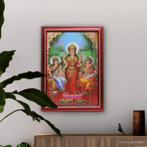Laxmi Ganesh Saraswati Bhagwan Frame Sitting on Lotus | Ganpati Frame For Home Office