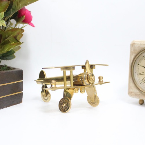 Brass Aeroplane Model Showpiece, Antique Table Top Miniature Decorative Showpiece for Home Decor & Office Table with Gold, Glossy and Shiny Finish