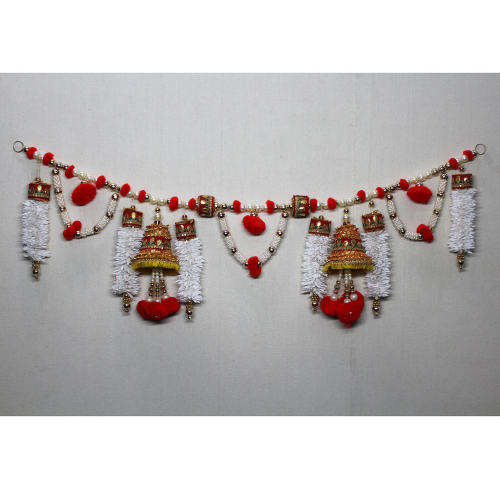 Pom Pom Toran with White Flower Gajra & Bell | Main Door Toran Online | Door Hanging Toran Online | For Diwali entrance decoration, Party, House Warming etc