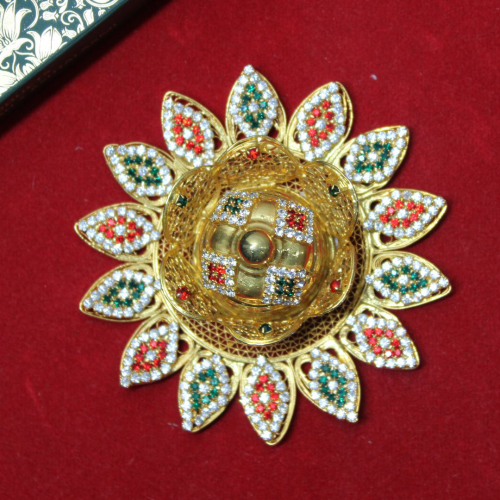 24K Gold Plated Brass Flower Shaped Kumkum Holder with Diamond Design