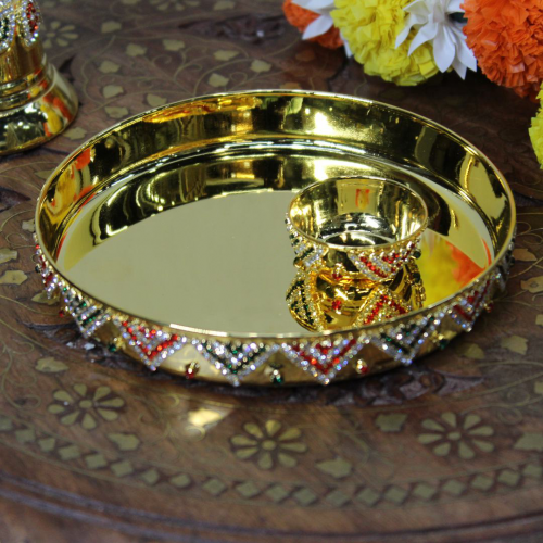 24K Gold Plated Brass Thali with Bowl and Triangle Diamond Design