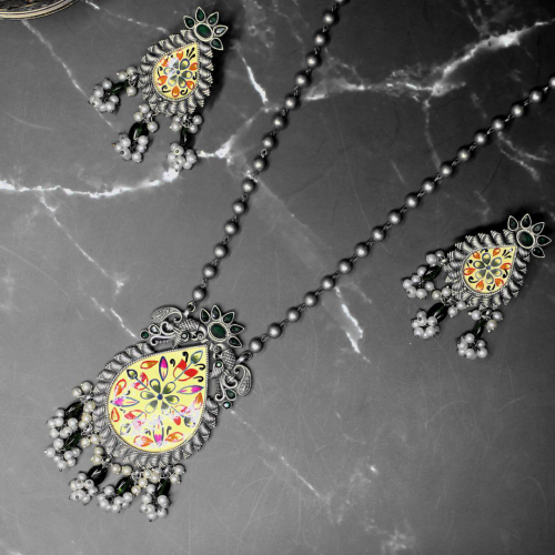 Oxidized Silver Necklace Jewellery Set with Colourful Flower Art, Green Beads, Long Ball Chain and Earrings for Girls and Women