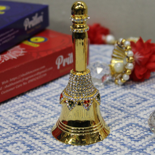 24K Gold Plated Brass Bell/Ghanti with Triangle Diamond Design