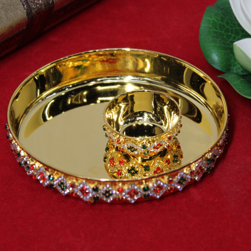 24K Gold Plated Brass Thali with Bowl and Diamond Design