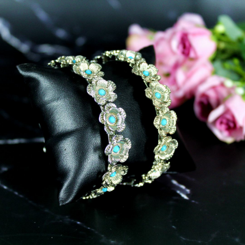 Oxidized Silver Jewellery Bangle Set with Flower design and Blue Stone for Girls and Women