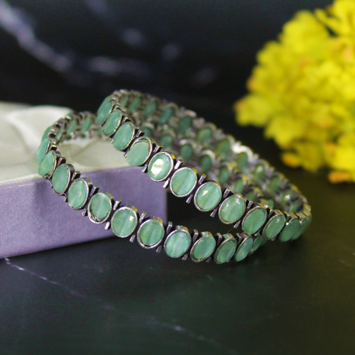 Oxidized Silver Jewellery Bangle Set with Firozi/ Light Green Kundan Stone for Girls and Women