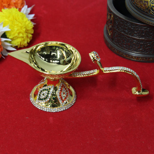 24k Gold Plated Brass Niranjan/Diya with Diamond Design