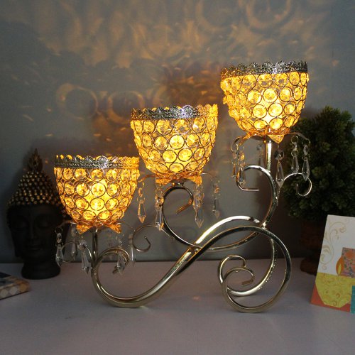 3 Arms Gold Candle Holder with Hanging Diamond Drops Holder