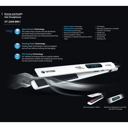 VITEK VT-2309 BW-I Hair Straightener With Aqua Ceramic Coating & Max 230ºc With Lcd Display (White)